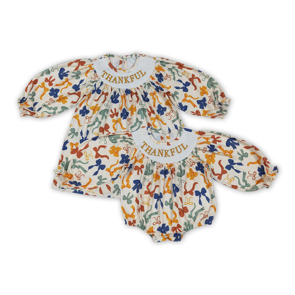 Smocked embroidery Thankful bows RTS Sibling Clothes