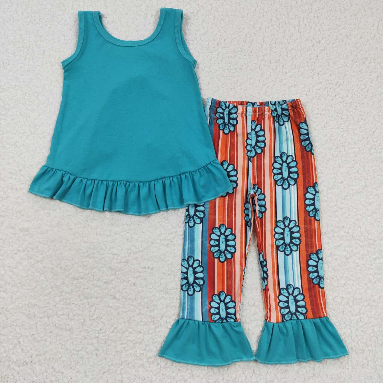 GSPO0665 Blue Short Sleeve Striped Gemstone Pants Girl Set