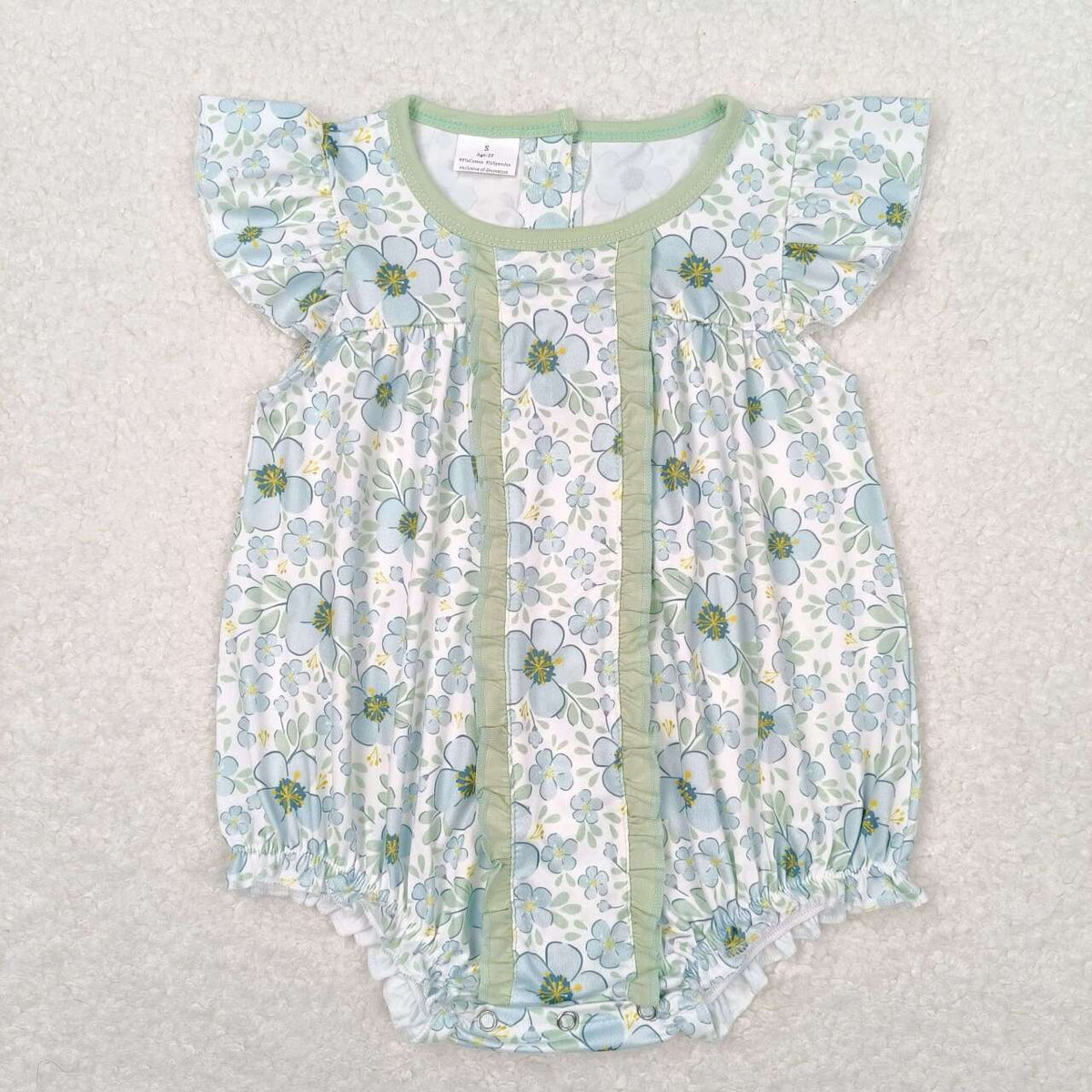 SR1180 blue flowers green ruffles flutter sleeve girls romper