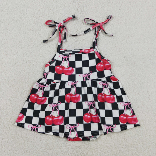 SR3854 Cherry Black Checkered Girls Romper