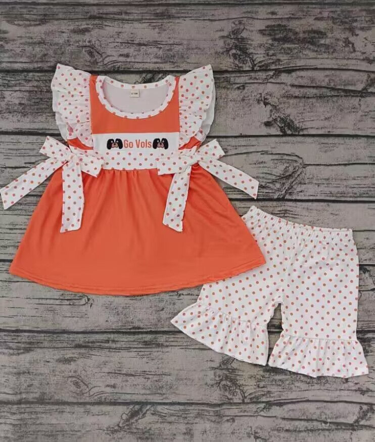 custom S Team dog orange short sleeve orange dot shorts girls set