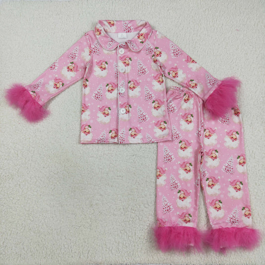 GLP2424 Christmas Santa tree pink long sleeve pants girls fur pajamas