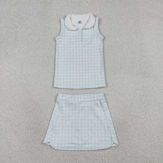 GSD3375 Yoga Blue Checkered Sleeveless Skorts girls Set