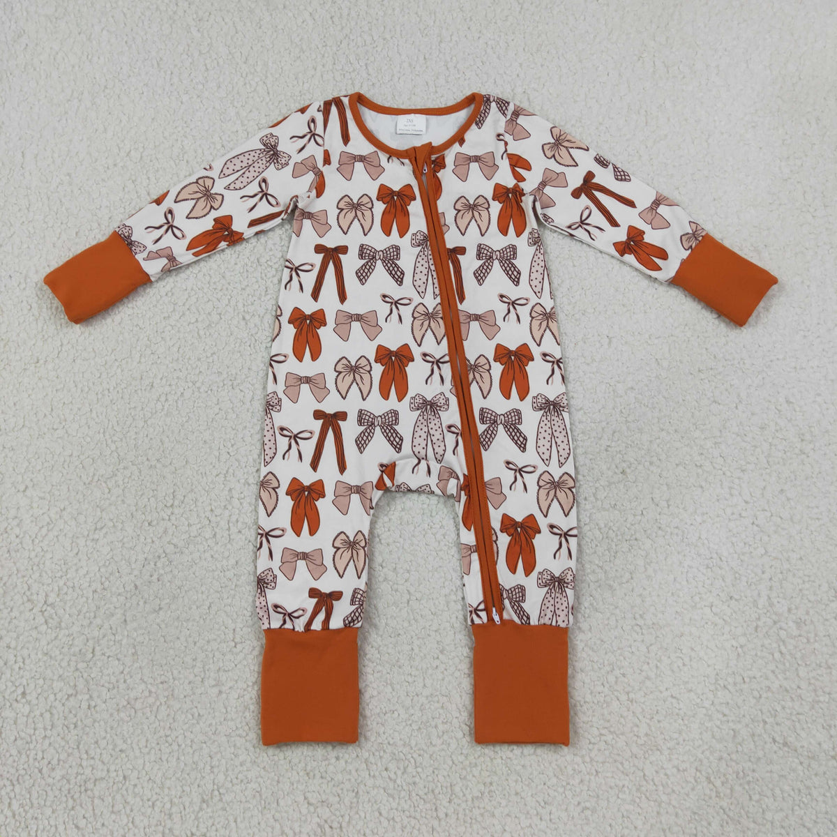 LR3158 Brown Bows Zipper Long Sleeve Girls Romper
