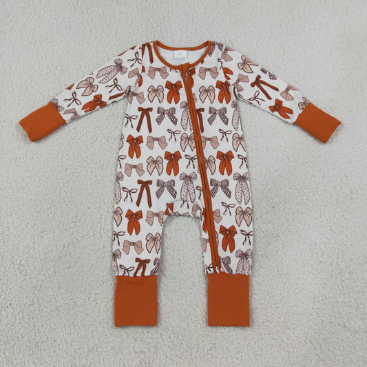 LR3158 Brown Bows Zipper Long Sleeve Girls Romper