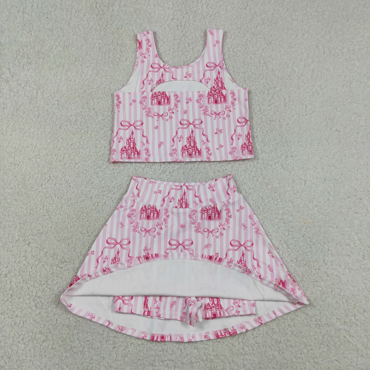 GSD3814 Yoga Pink Castle Bows Sleeveless Skorts Girls Set