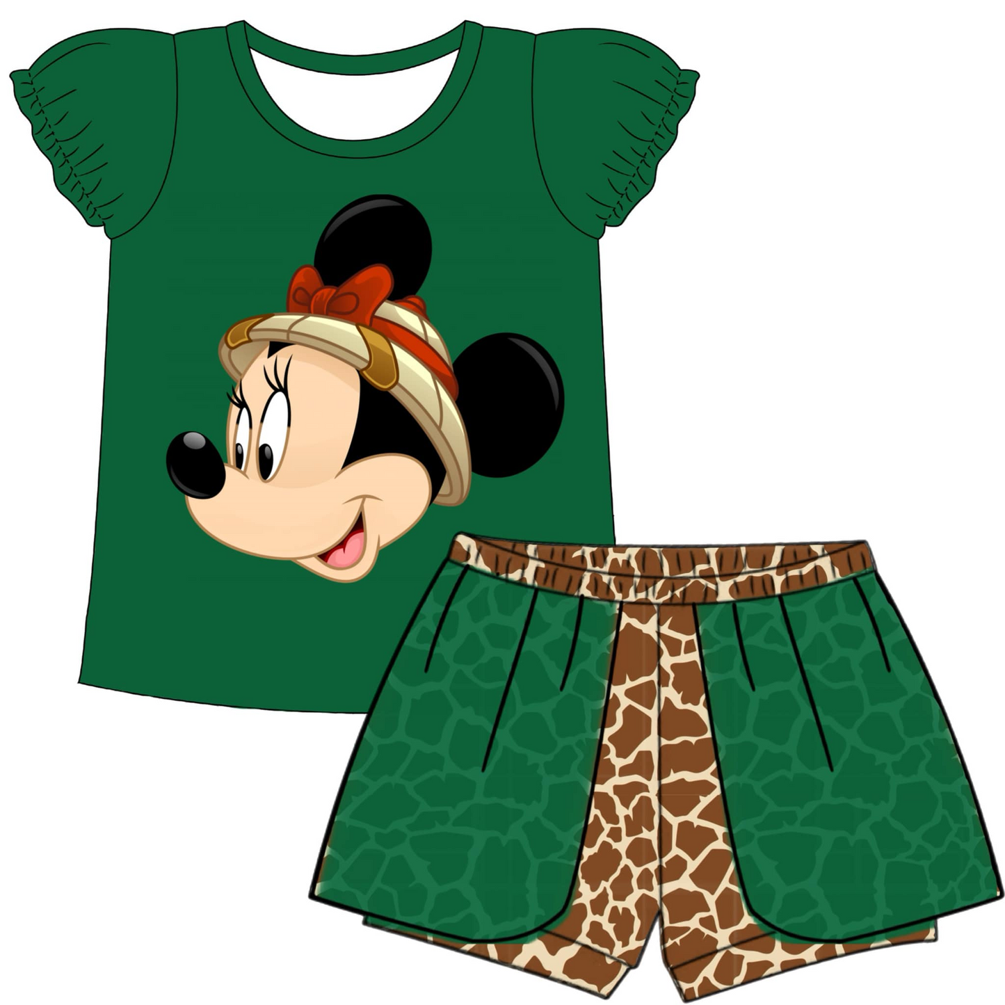 custom style cartoon mouse green short sleeve leopard shorts girls set tat 6-8 weeks