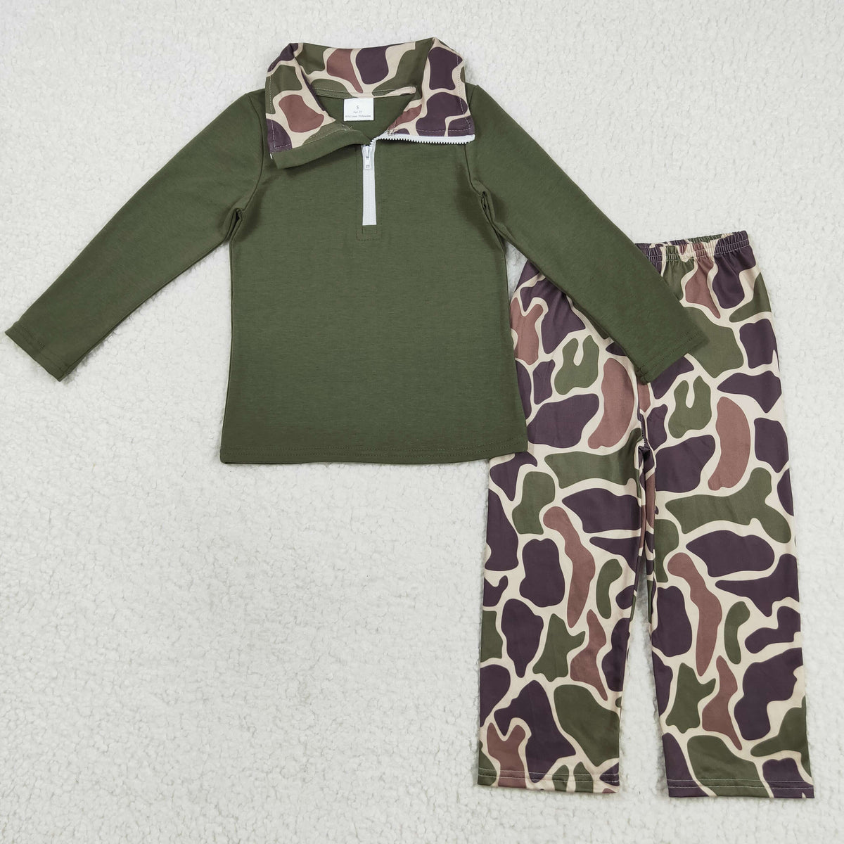BLP1138 hunting dark green zipper long sleeve camo pants boys set