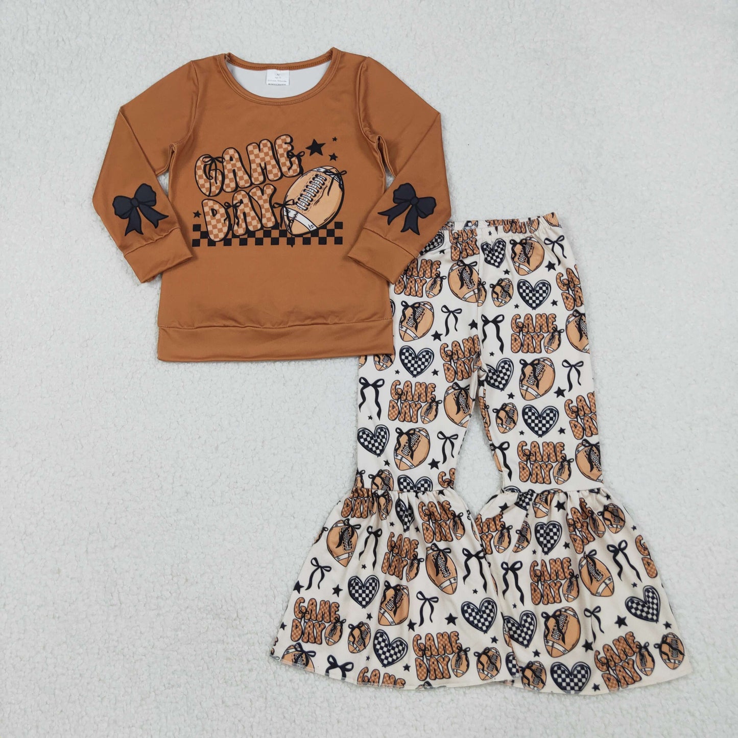 GLP2721 football game day heart bows long sleeve pants girls set