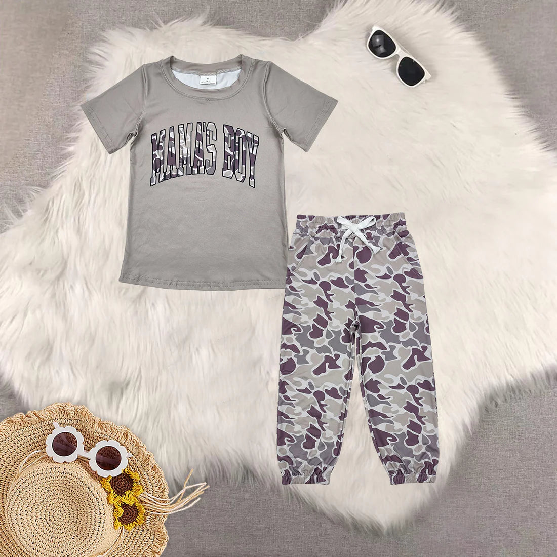 BSPO0566 mama's boy grey short sleeve grey camo pants boys set BT1186+P0652