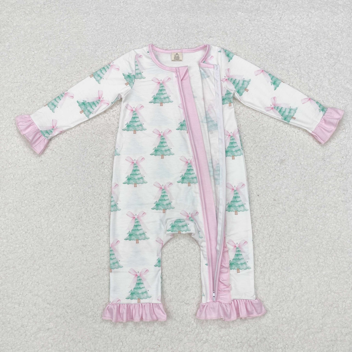 bamboo LR1518 Christmas tree pink bows long sleeve zipper girls romper