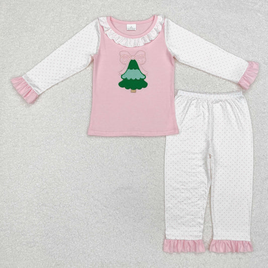 embroidery GLP1628 Christmas tree pink long sleeve pink dot pants girls set