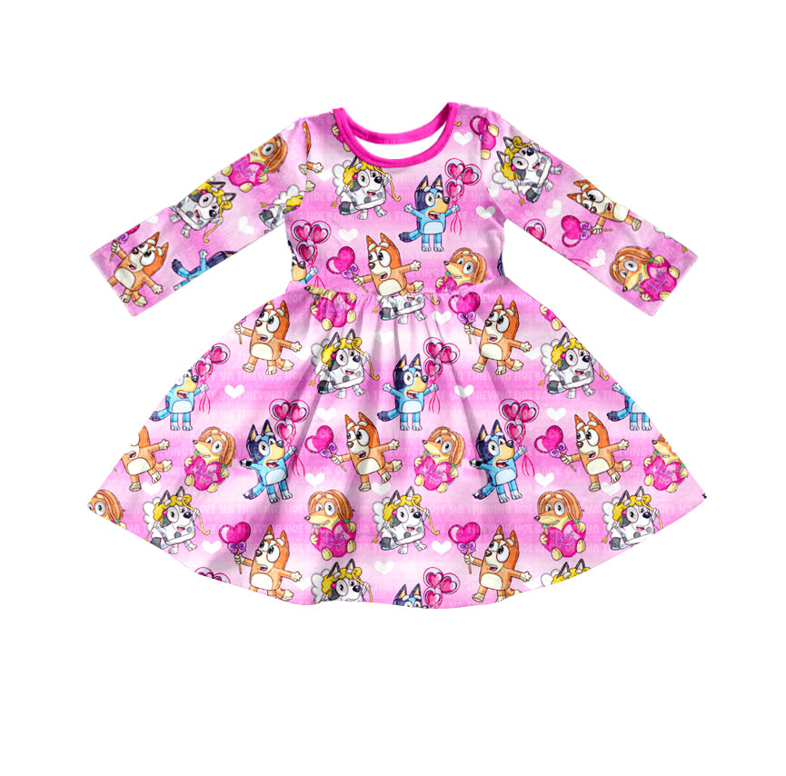 custom Cartoon dog hot pink long sleeve girls dress