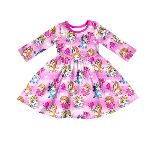 custom Cartoon dog hot pink long sleeve girls dress