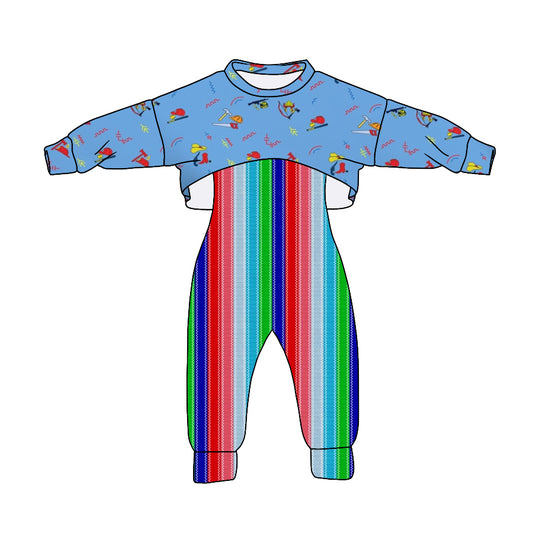custom S 8.4 Blue long sleeve colorful striped jumpsuits girls set