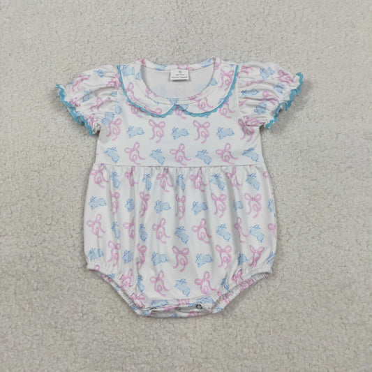 SR3938 Easter Rabbit Bunny Bows Purple Short Sleeve Girls Romper