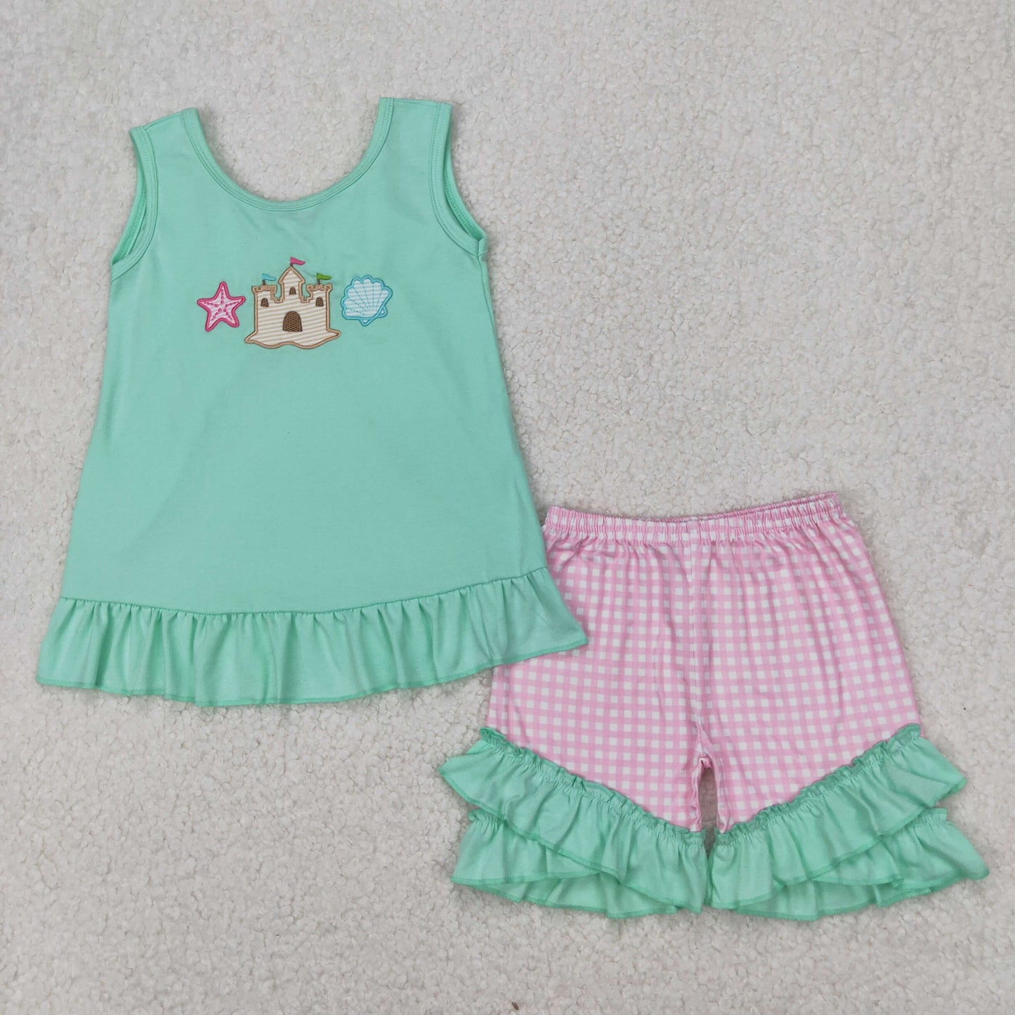 embroidery GSSO1983 Beach Castle Shell Mint Sleeveless Pink Checkered Shorts Girls Set