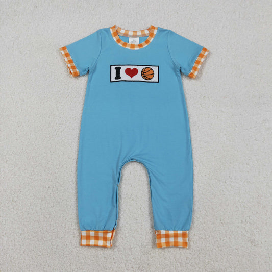 Embroidery SR3366 I Love Basketball Blue Short Sleeve Boys Romper