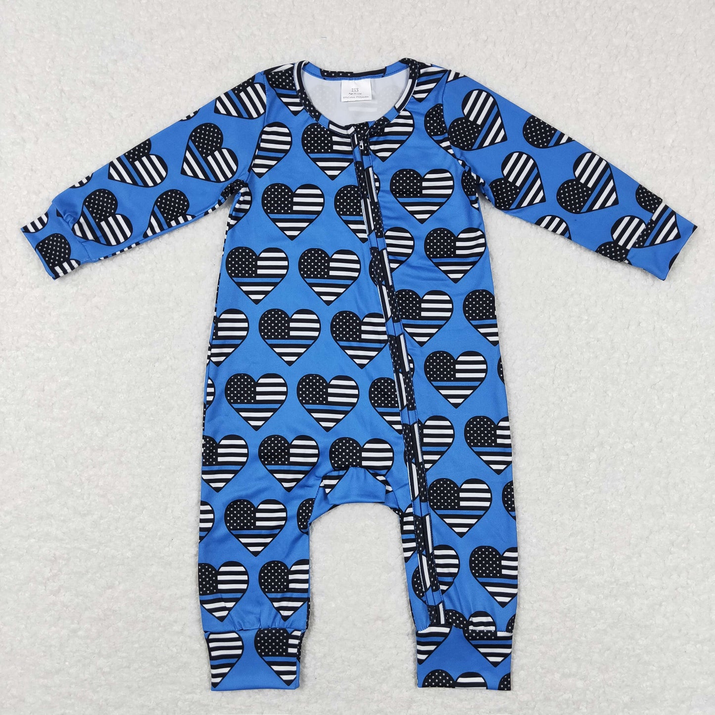 LR0850 July 4th flag heart long sleeve blue boys zipper romper