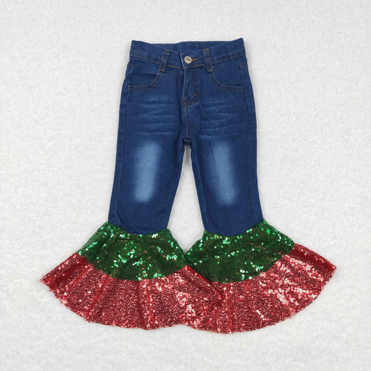 P0113 Green & red sequin denim pants