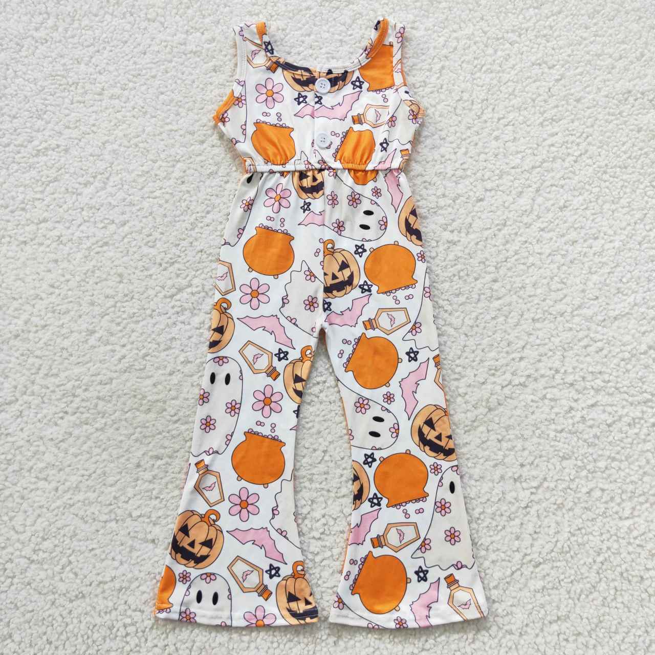 SR0410 Halloween Pumpkin Ghost Flowers Pink Sleeveless Girls Jumpsuits