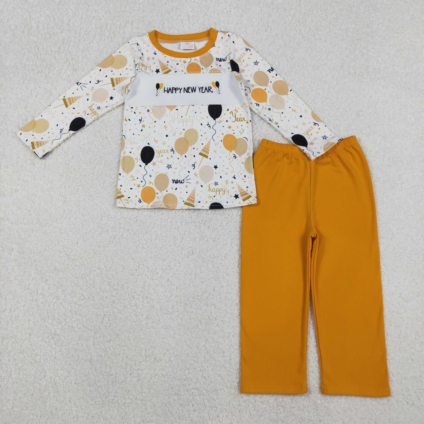 embroidery BLP1299 happy new year balloon golden long sleeve golden pants boys set