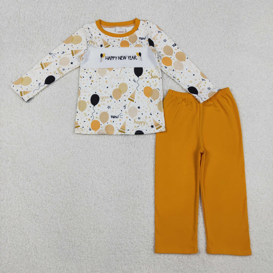 embroidery BLP1299 happy new year balloon golden long sleeve golden pants boys set