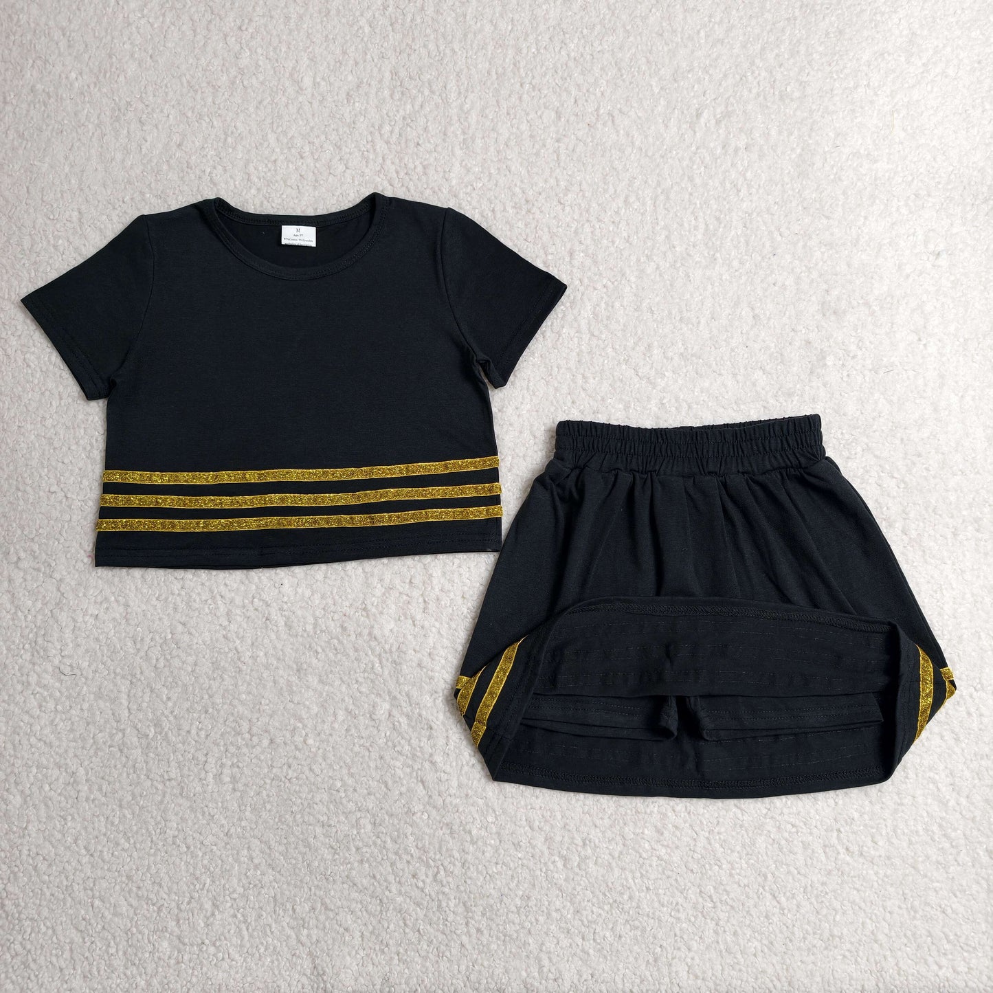 GSD4108 Solid Color Black Short Sleeve Skorts Girls Set