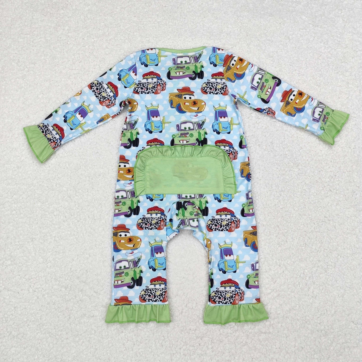 bamboo LR1623 Western cartoon car green long sleeve zipper girls romper