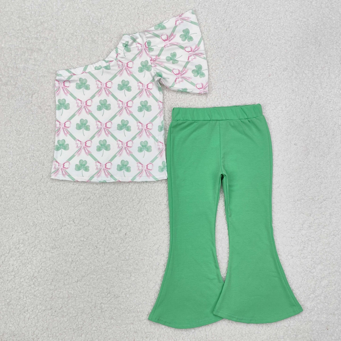 GSPO1793 St Patrick pink bows green clover short sleeve green pants girls set