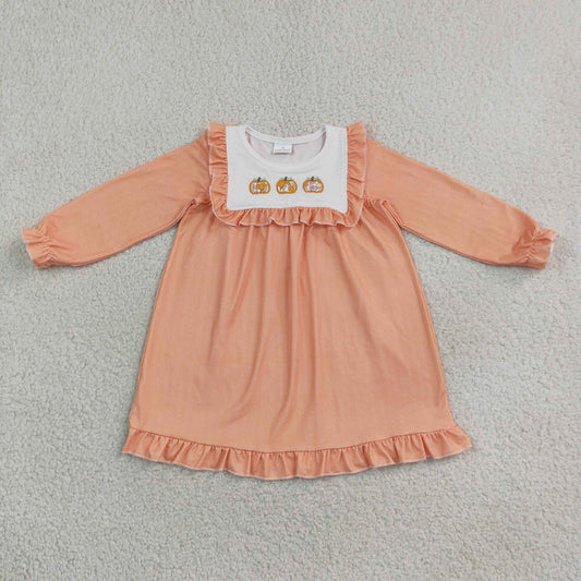 Embroidery GLD1645 Thanksgiving Pumpkin Orange Long Sleeve Girls Dress