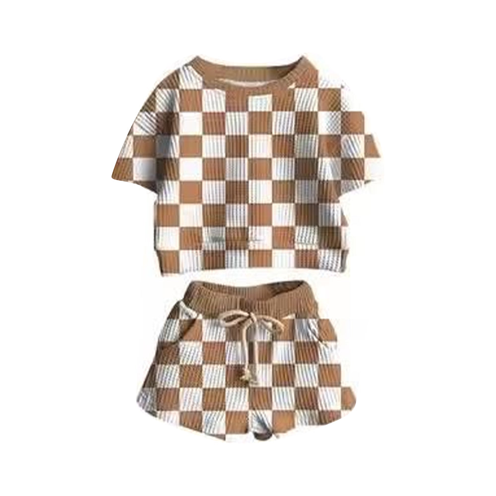 preorder khaki checkered short sleeve shorts girls set