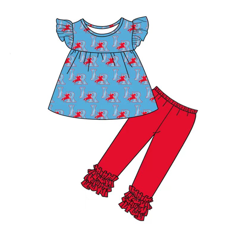 custom team set 8 Blue flutter sleeve red pants girls set