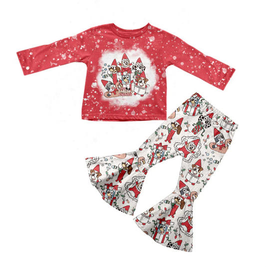 custom S 10.19 Christmas cartoon dog red long sleeve pants girls set