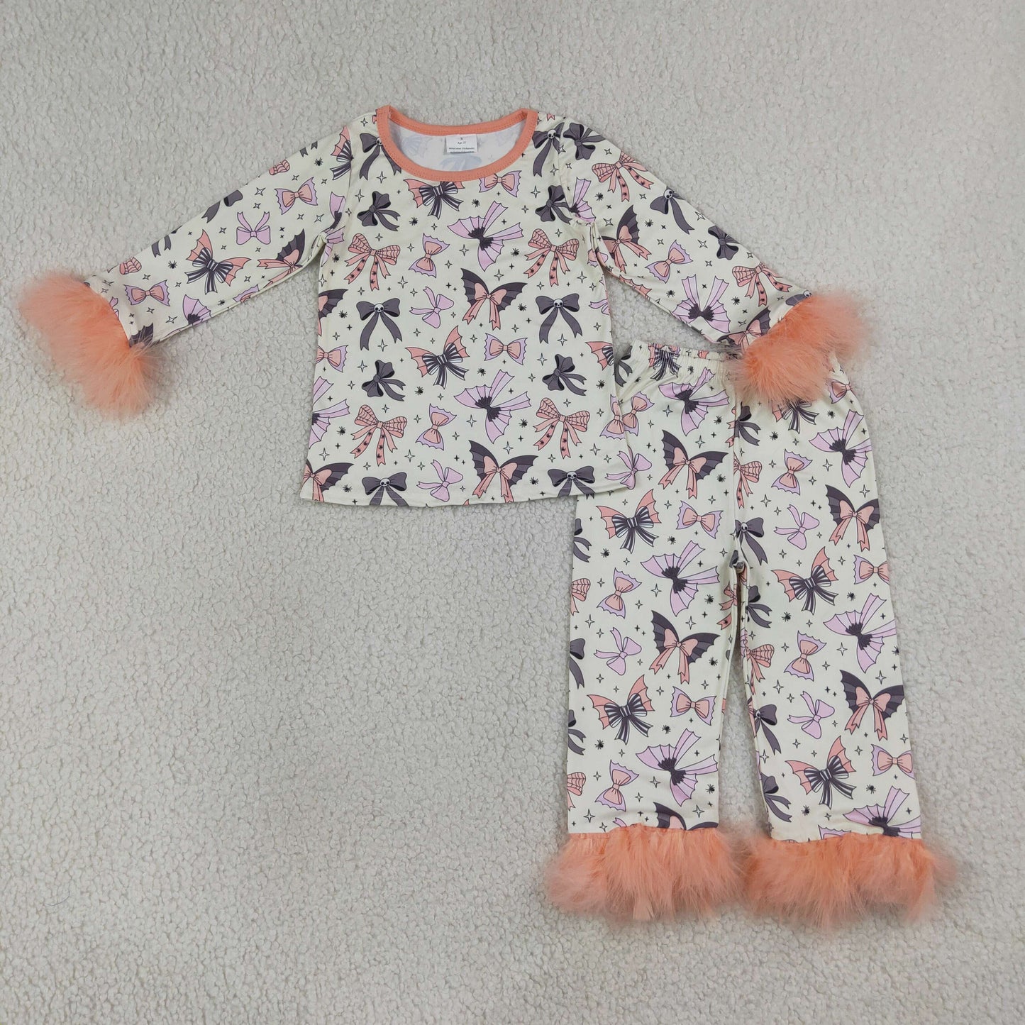 GLP3386 Halloween Bows Pink Fur Long Sleeve Pants Girls Pajamas