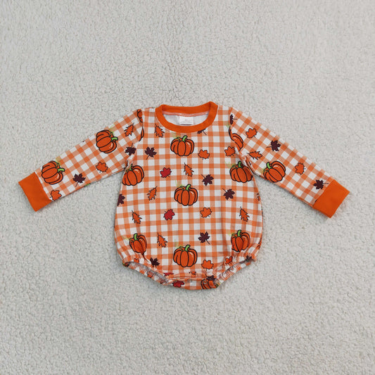 LR3236 Pumpkin Checkered Long Sleeve Boys Romper