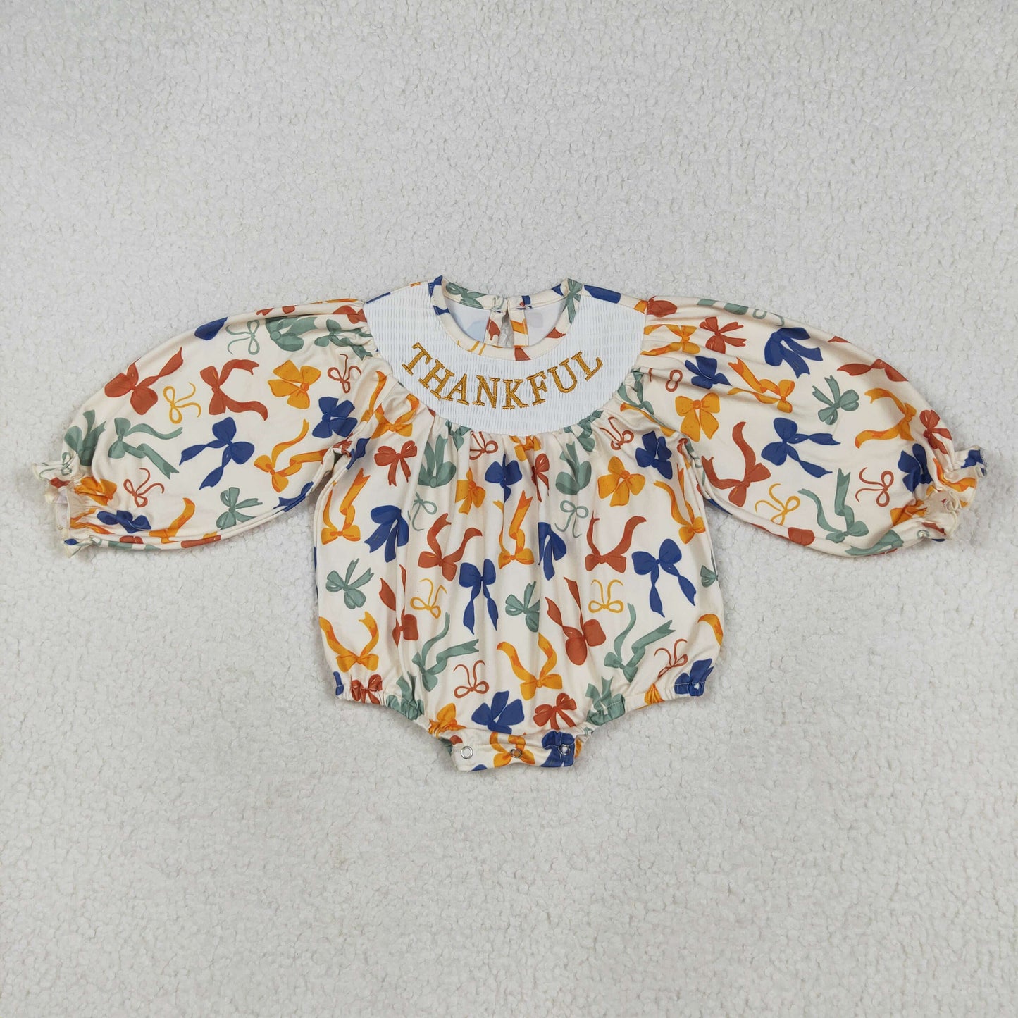 LR2257 embroidery smocked Thankful colorful bows orange long sleeve girls romper
