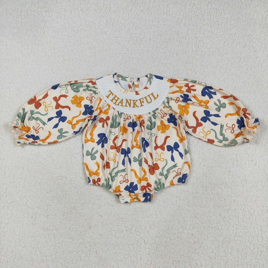 LR2257 embroidery smocked Thankful colorful bows orange long sleeve girls romper