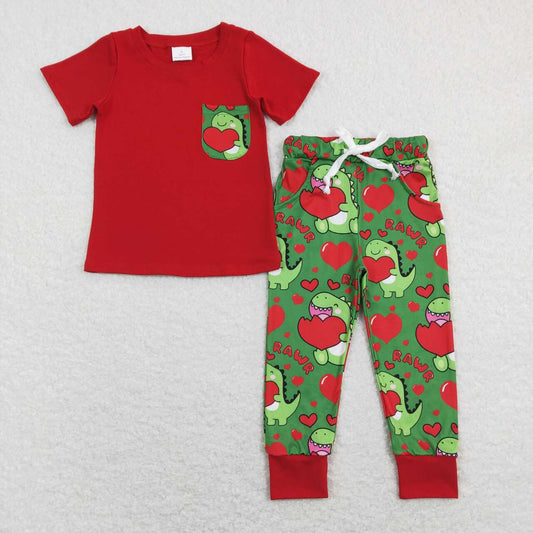 BSPO0229 Valentine's Day heart dinosaur red short sleeve green pants boys set