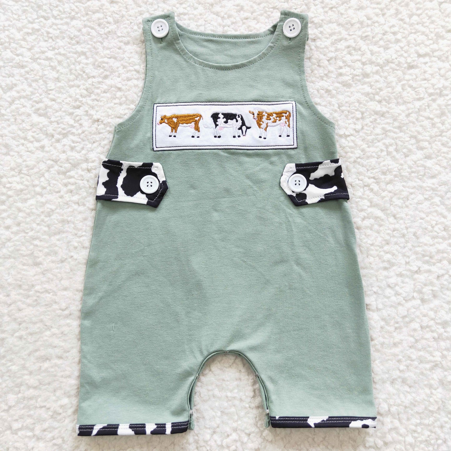 SR0374 Embroidery Cow Green Sleeveless Kids Romper