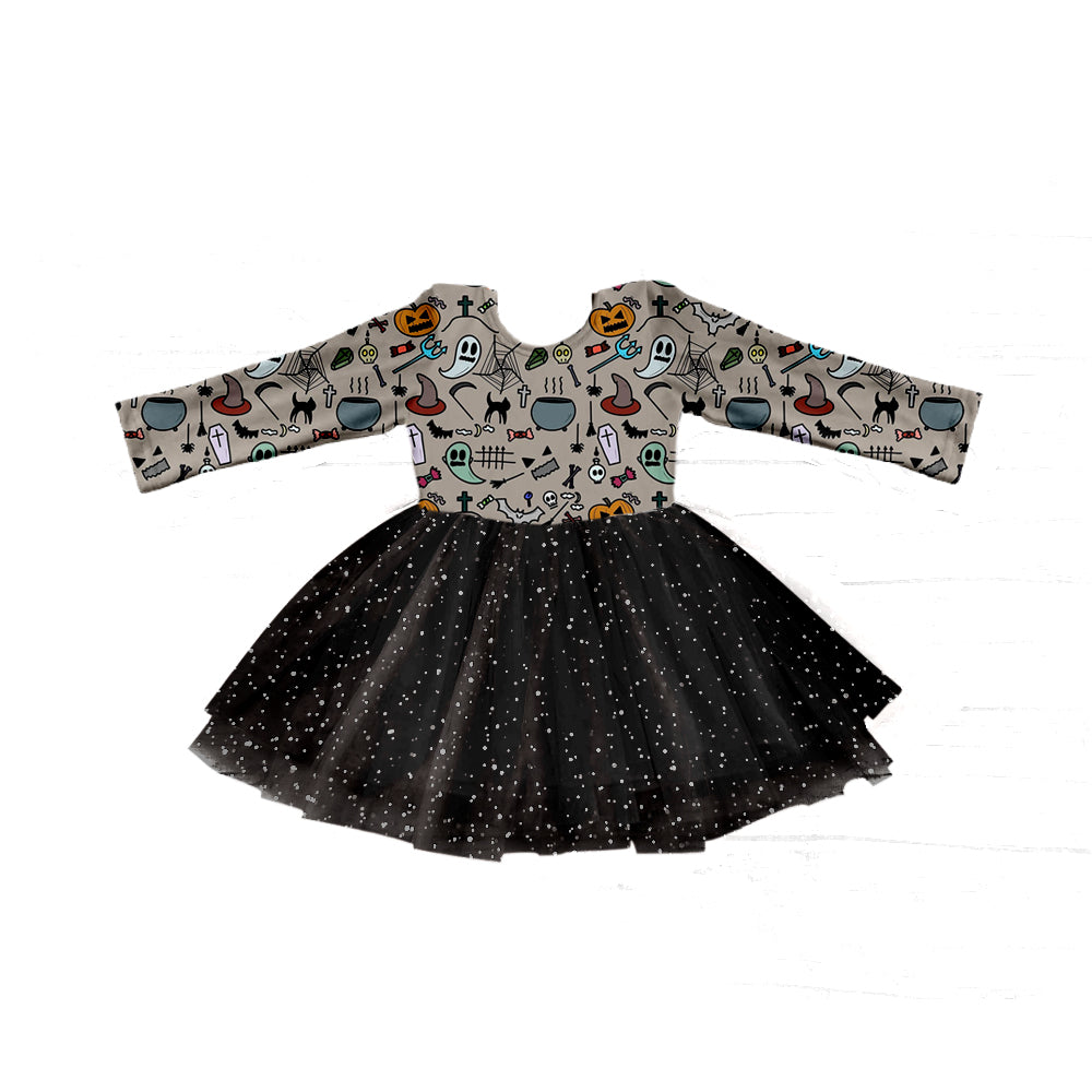 custom Halloween Pumpkin Grey Long Sleeve Girls Tutu Dress