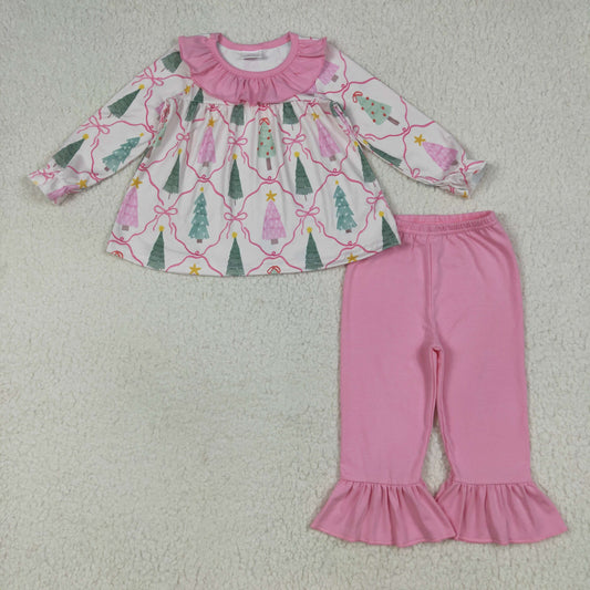 GLP2420 Christmas tree pink bows long sleeve hot pink pants girls set