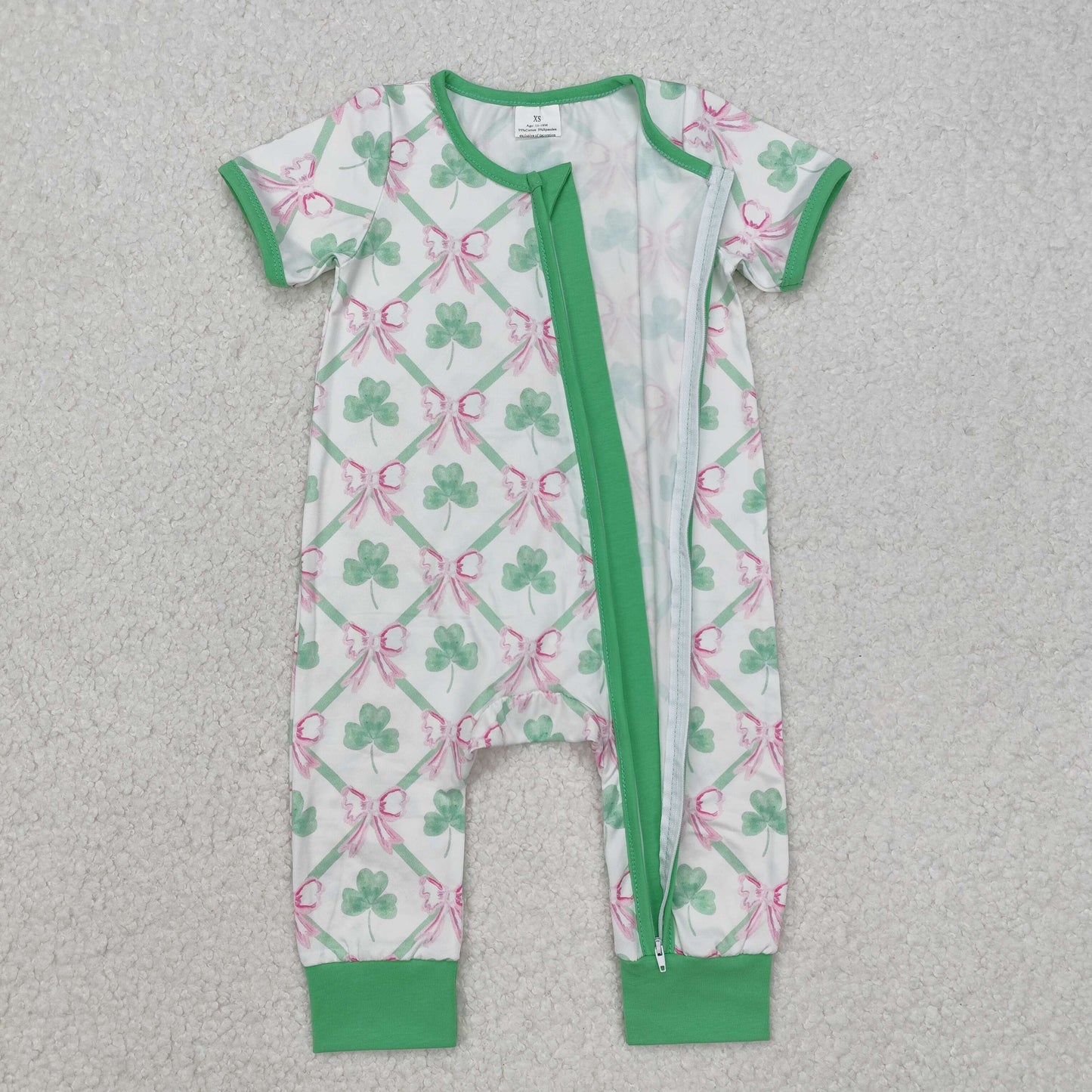 SR2109 St Patrick pink bows green clover short sleeve zipper girls romper