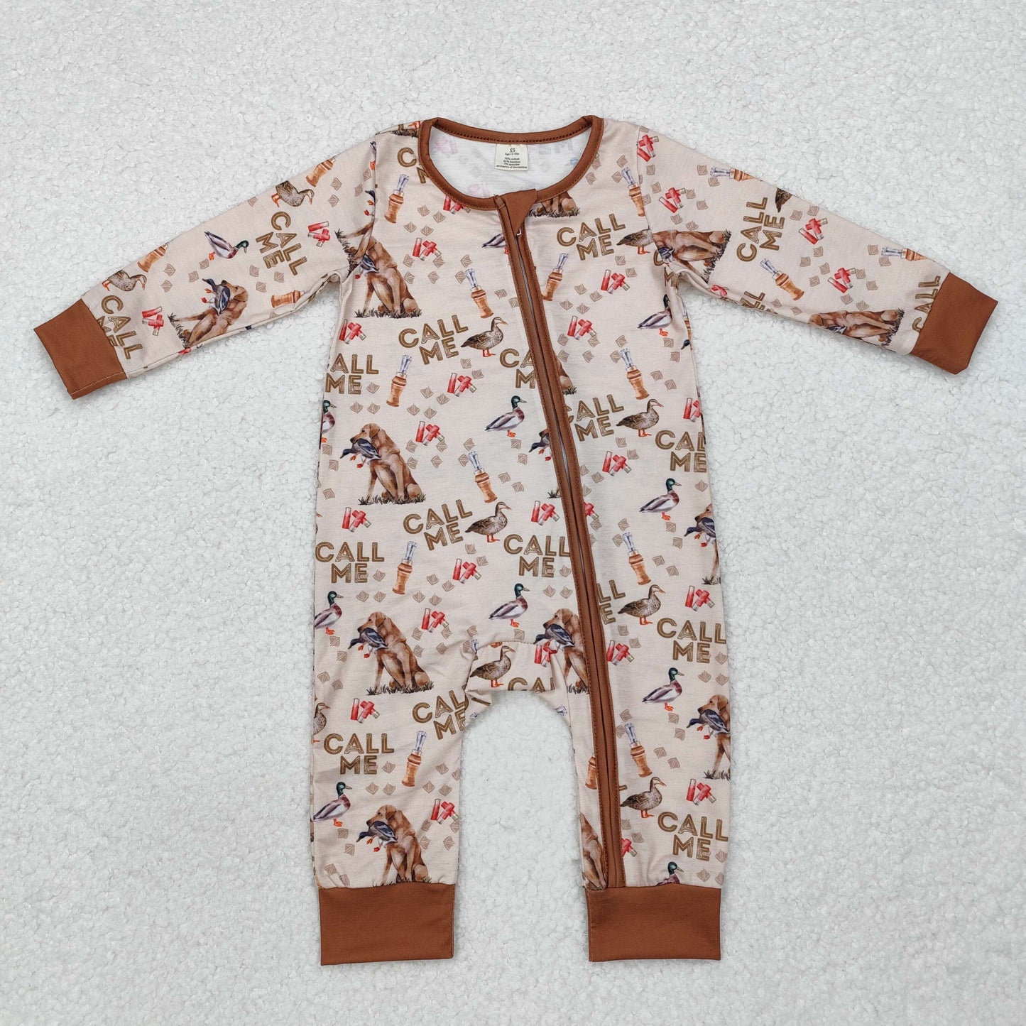 bamboo LR1991 call me duck call mallard dog brown long sleeve zipper boys romper