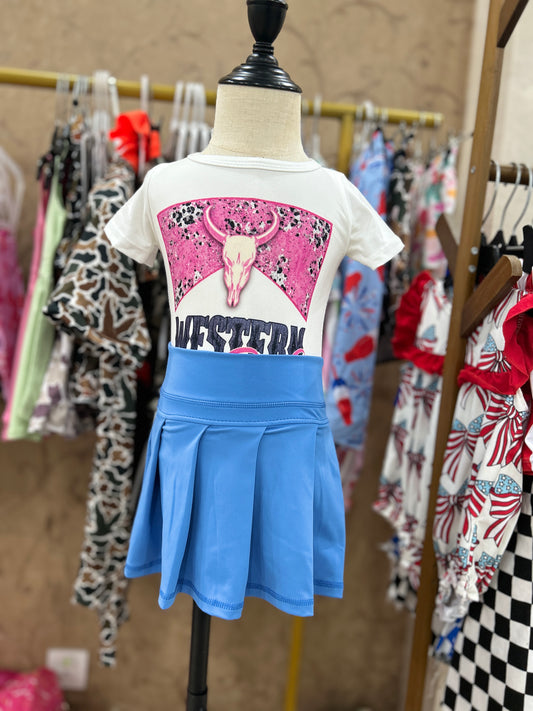 Western cow short sleeve yoga blue skirt skort girls set