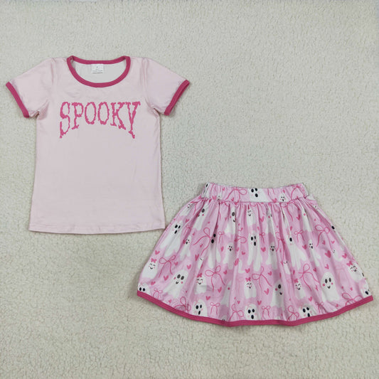 GSD2776 Halloween spooky pink short sleeve bows heart pink skirt girls set
