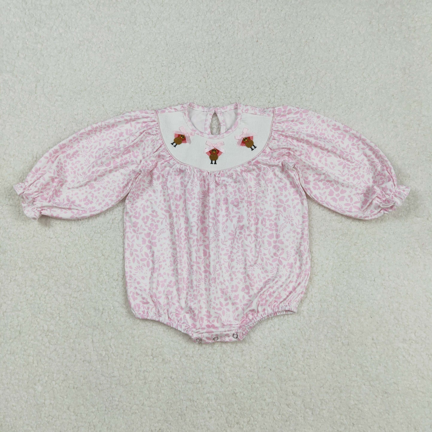 LR2184 smocked embroidery Thanksgiving turkey floral pink long sleeve girls romper
