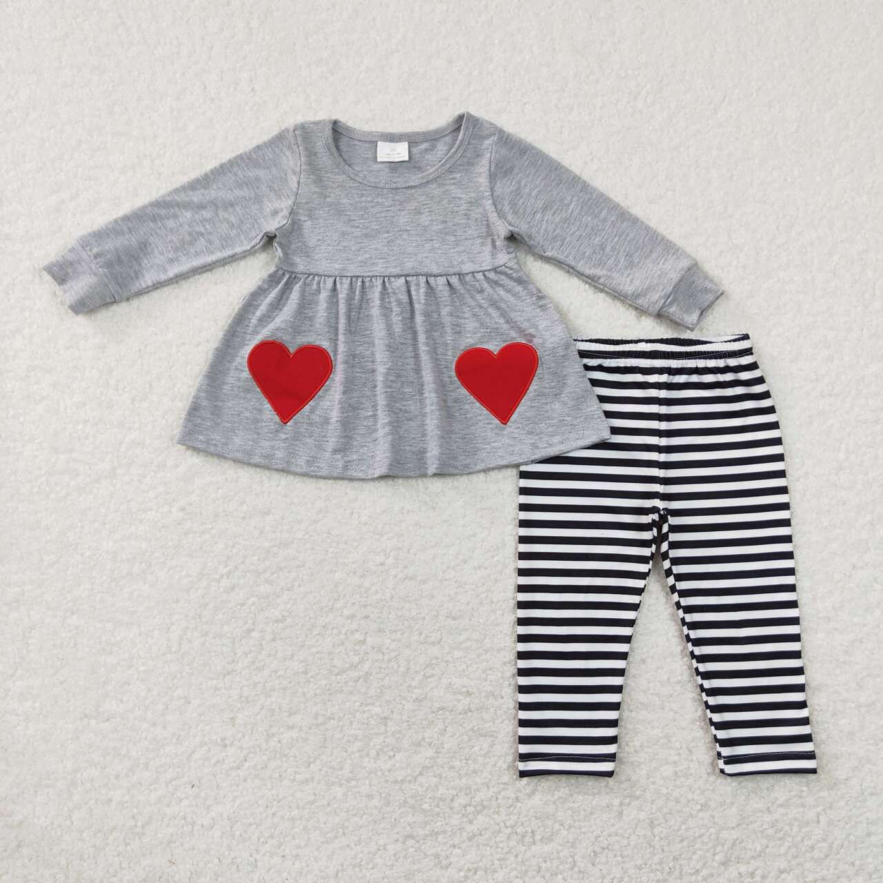 GLP0962 Red heart grey long sleeve black striped pants girls set