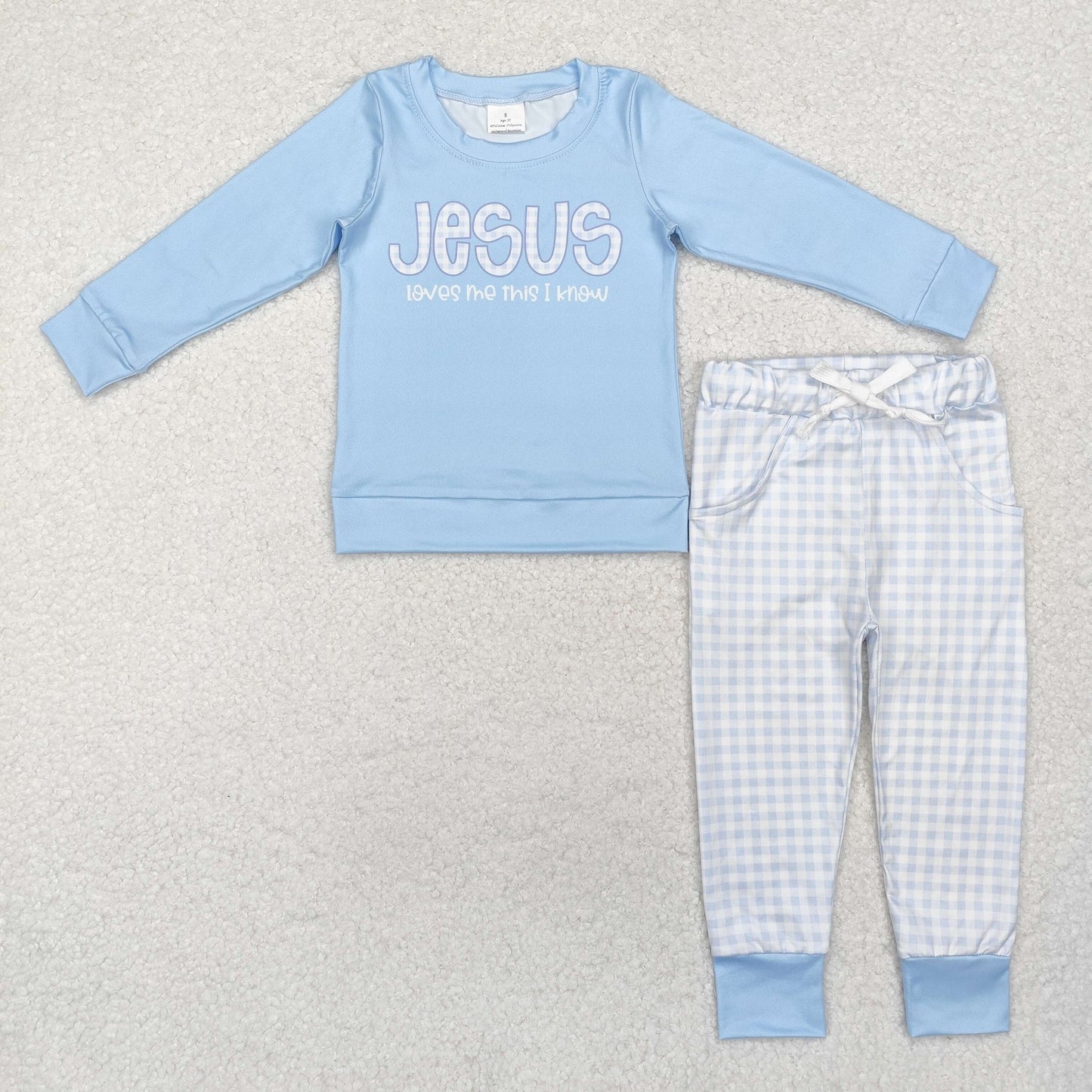 BLP0767 JESUS blue long sleeve blue checkered pants boys set