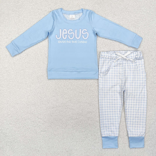 BLP0767 JESUS blue long sleeve blue checkered pants boys set